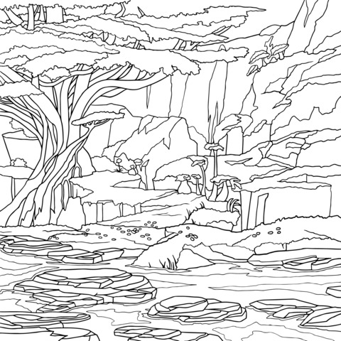 Fantasy Forest Waterfall Coloring Page