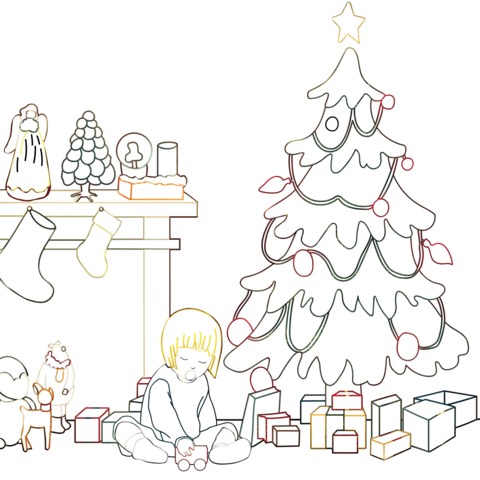 Página para colorear de escena navideña acogedora: Niño con árbol de Navidad y regalos