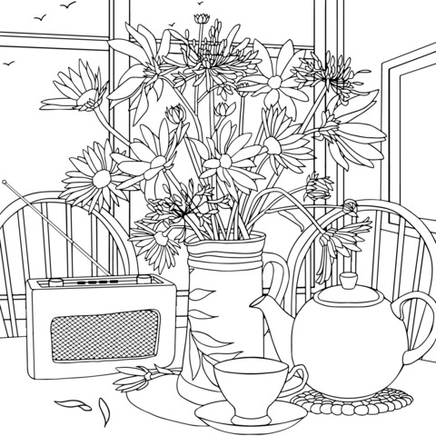 Cozy Indoor Flower Scene Coloring Page