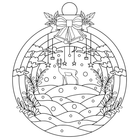 Christmas Decoration Coloring Page: A Circular Ornament with Bells and a Deer