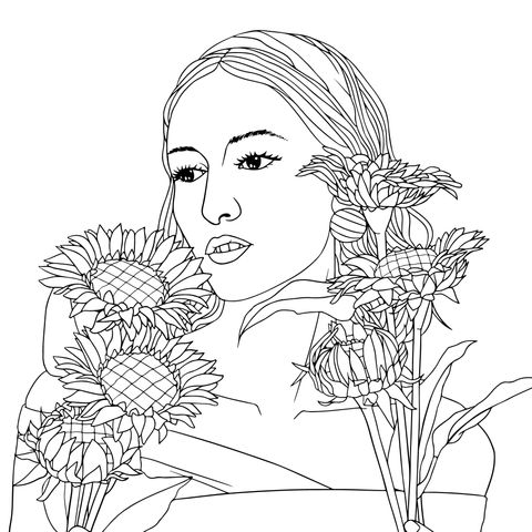 Coloring Page of a Woman Holding Sunflowers