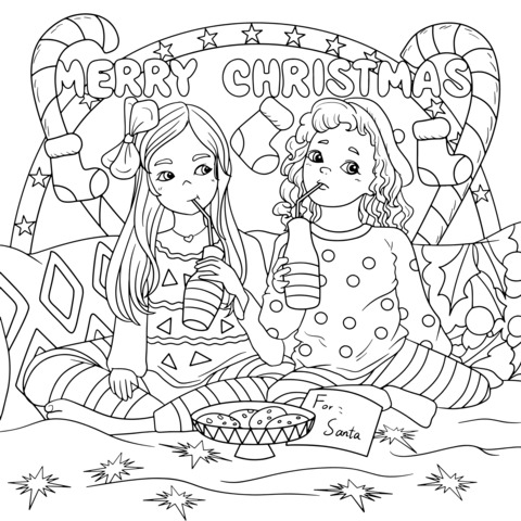 Christmas - themed Coloring Page of Two Girls