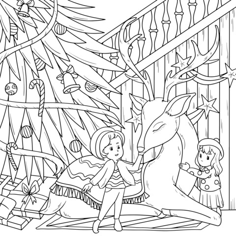 Christmas - themed Coloring Page: A Heart - warming Scene of Girls and a Reindeer