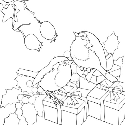 Christmas - themed Coloring Page of Birds and Gifts