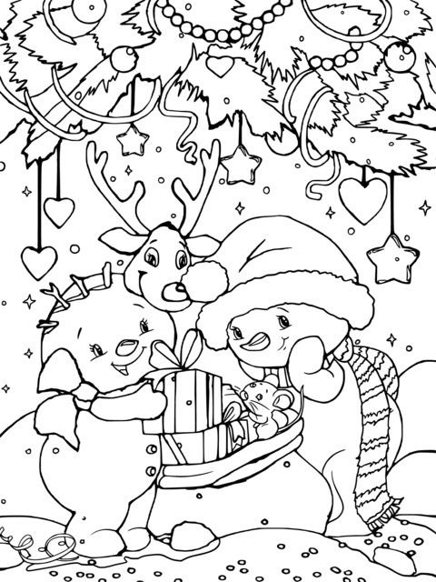 Christmas - themed Coloring Page: Snowmen, Reindeer and Gifts