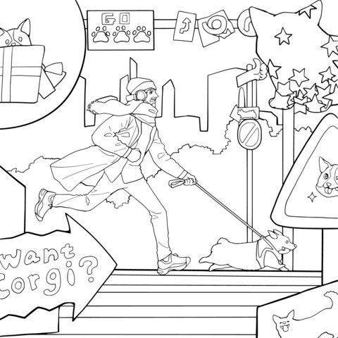 Coloring Page of a Person Running with a Corgi