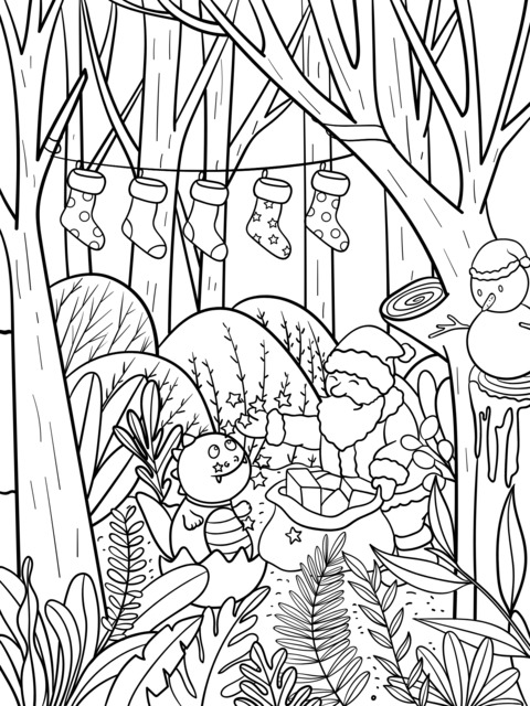 Santa Claus and Dinosaur's Forest Adventure Coloring Page