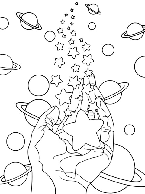 Dreamy Interstellar: Cosmic Coloring Page with Stars in Hand