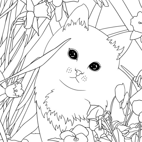 Página de Colorear de un Gato en un Lecho de Flores