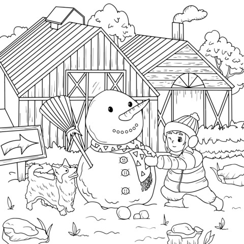 Coloring Page of a Child Interacting with a Snowman