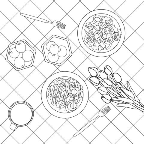 Coloring Page of Delicious Meals and Flowers