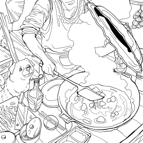 Cooking - themed Coloring Page: Enjoy Coloring a Food - making Scene