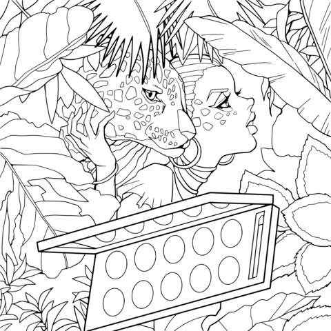 Coloring Page of a Woman in the Jungle with a Cheetah