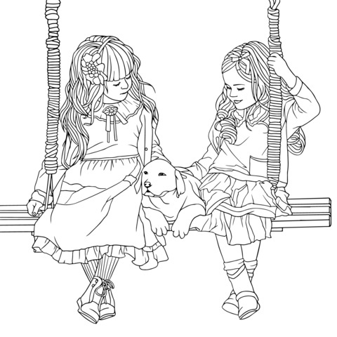 Two girls sitting on a swing with a puppy