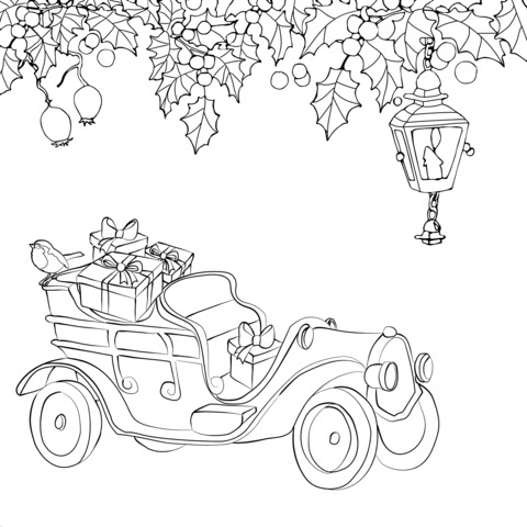 Vintage Car with Christmas Gifts Coloring Page