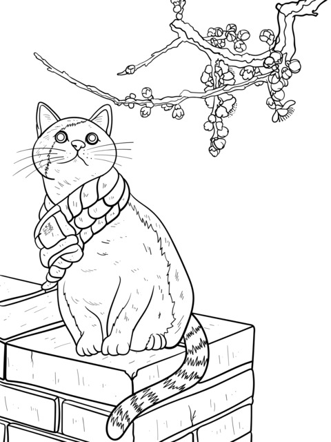 Coloring Page of a Cat with a Scarf in the Snow