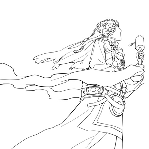 Fantasy Illustration Coloring Page of an Ethnic - style Woman Holding a Magic Instrument