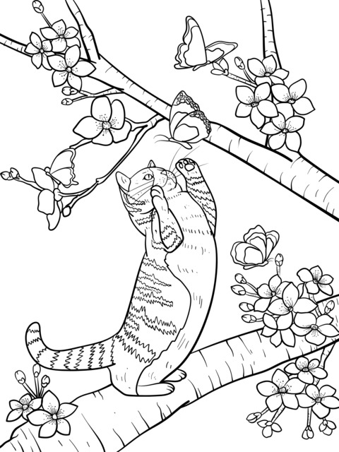 Cat Admiring Cherry - blossoms and Teasing Butterflies Coloring Page