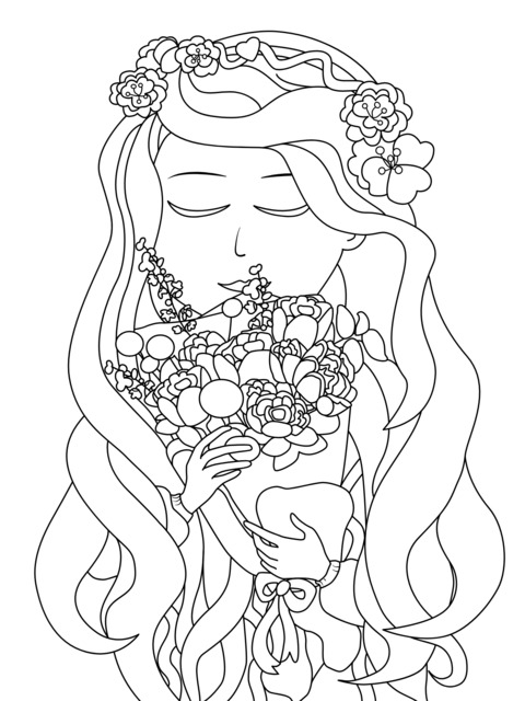 Dreamy Girl Holding a Bouquet Coloring Page