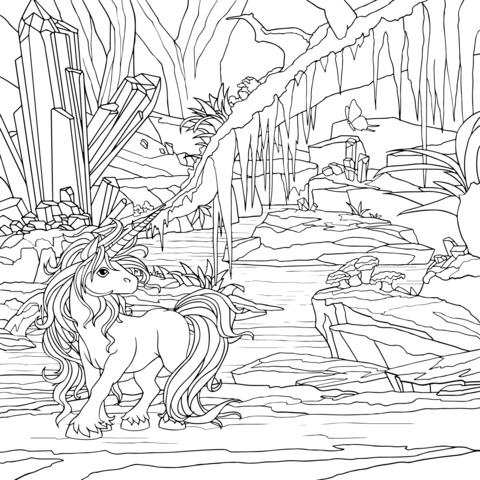 Unicorn in a Magical Forest Coloring Page