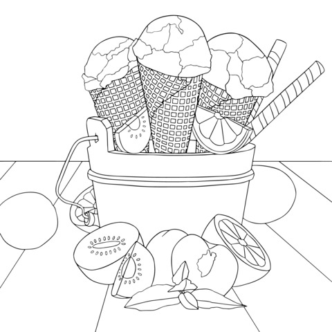 Delicious Ice - Cream and Fruit Coloring Page