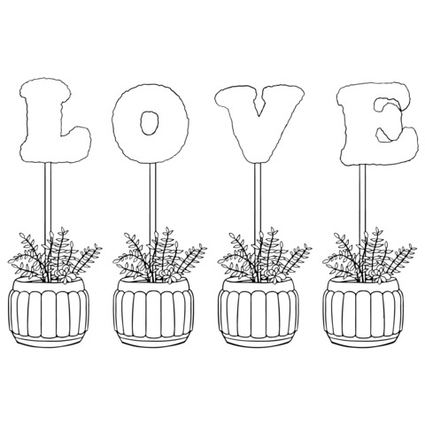 Love - themed Potted Plants Coloring Page