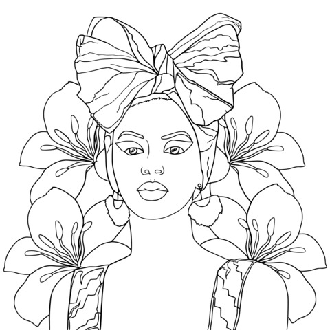 Coloring Page of a Woman with Colorful Hair Accessories and Flowers