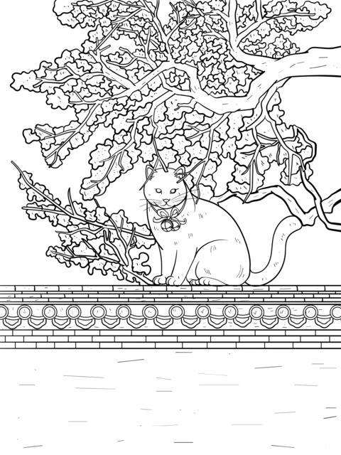 White Cat on the Roof with Golden Ginkgo Coloring Page