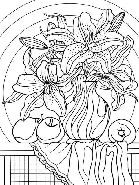 Coloring Page of Lilies and Fruits in a Vase