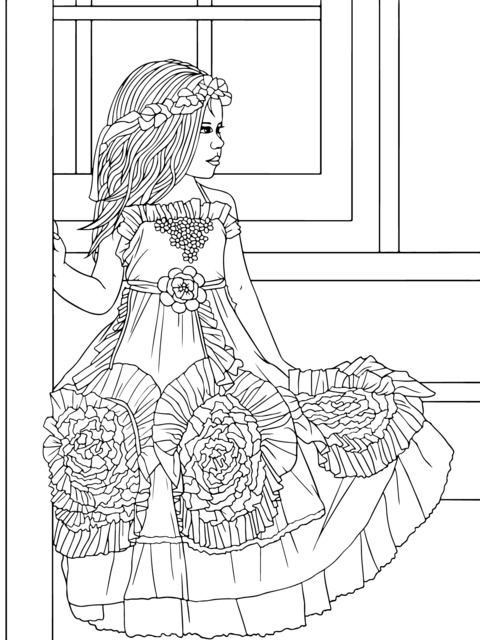 Coloring Page of a Girl in a Blue Flower - adorned Dress