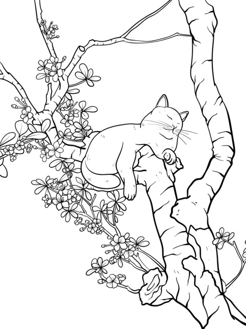 Página de Colorear de un Gato Durmiendo en un Árbol