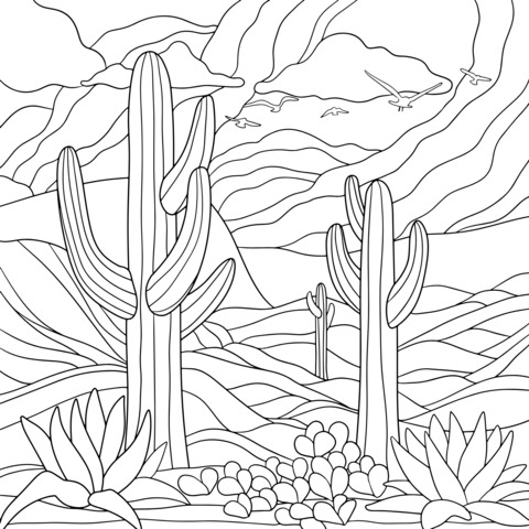 Página de colorear de paisaje de cactus en el desierto