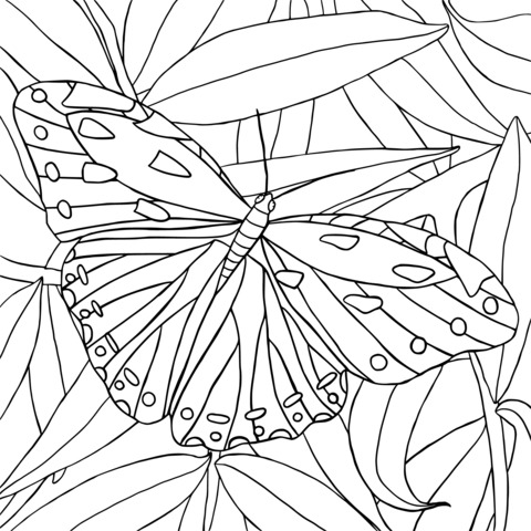 Página para colorear de una mariposa colorida entre hojas verdes