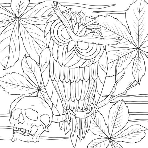 Blue Owl on a Branch beside a Skull with Autumn Leaves