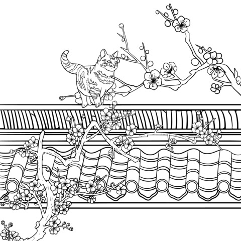 Cat Enjoying Cherry Blossoms on the Roof Coloring Page