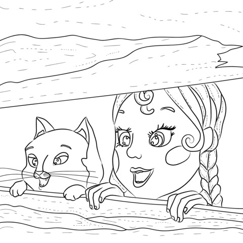 Fun Illustration Coloring Page of a Girl and a Cat in the Snow