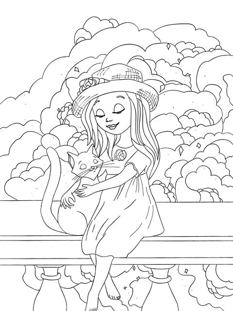 Coloring Page of a Girl and a Cat in Sweet Interaction