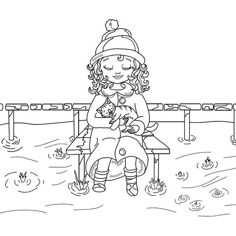 Coloring Page of a Girl Holding a Cat on a Bench in the Rain