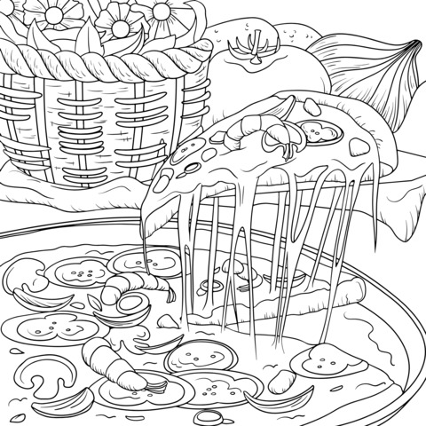 Delicious Pizza and Vegetables & Fruits Coloring Page