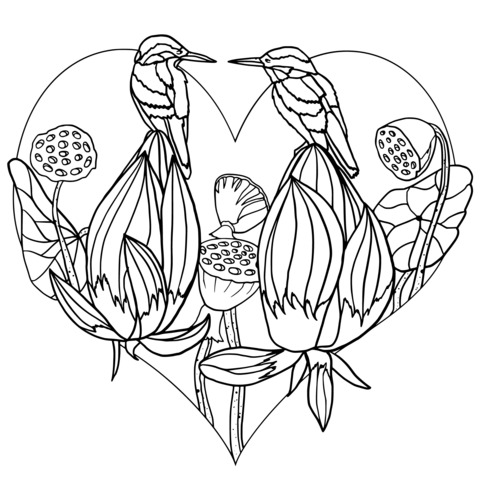 Coloring Page of Two Birds and Lotuses on a Heart - shaped Background