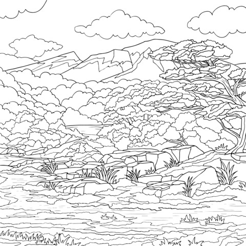 Mountain Forest Landscape Coloring Page