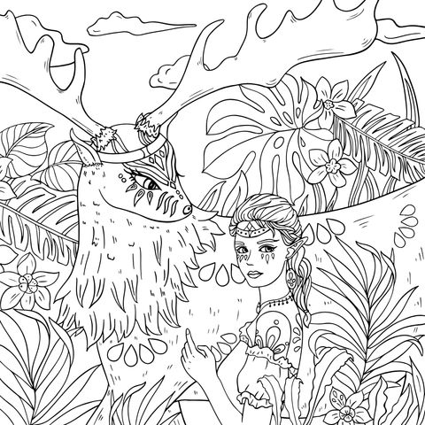 Fantasy Forest Girl and Moose Coloring Page