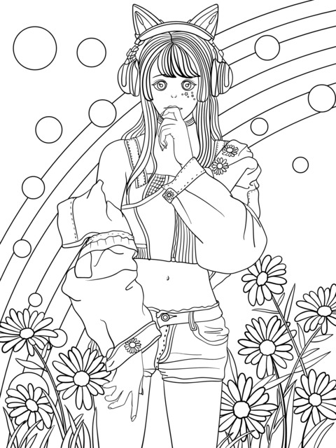 Fashionable Girl with Cat - ear Headphones