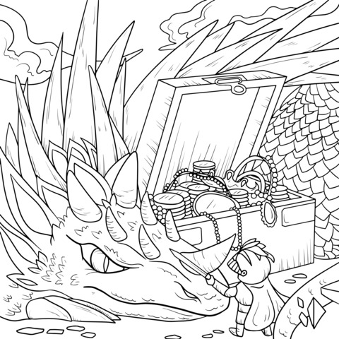 Knight and Dragon's Treasure Coloring Page