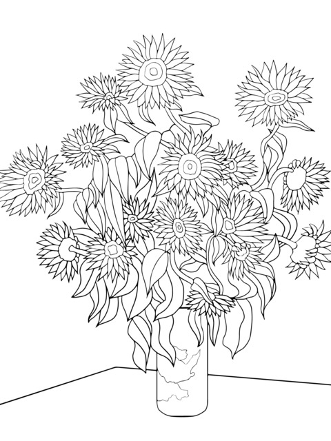 ヒマワリの花瓶の塗り絵ページ