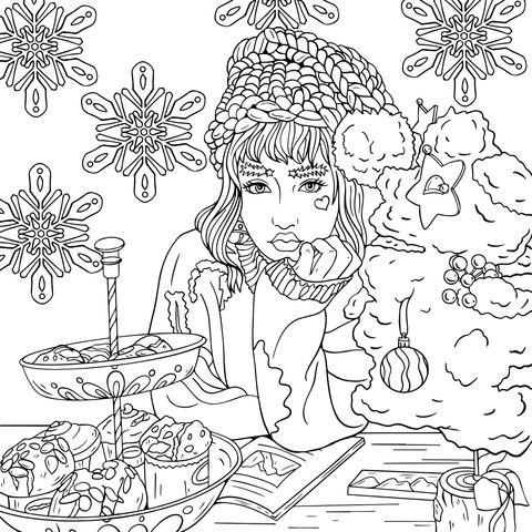 A girl in festive attire with a Christmas tree and desserts