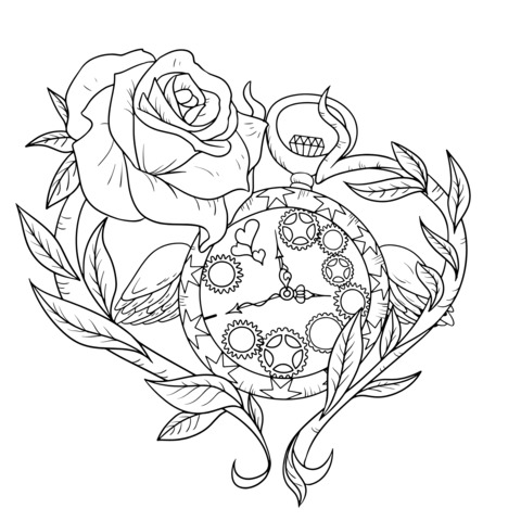 Ilustración de un reloj de bolsillo con una rosa y alas