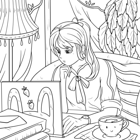 Coloring Page of a Girl Focused on Using a Laptop