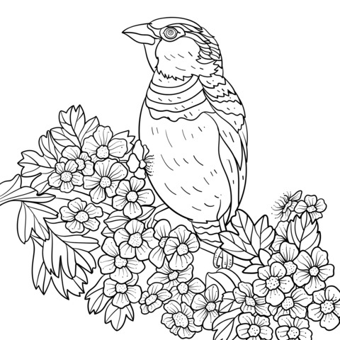 Página de Colorear con Pájaro y Flores