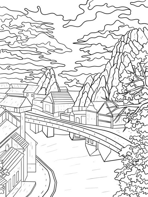 Colorful Village and Mountain Landscape Coloring Page